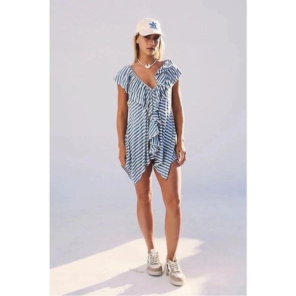 FP Beach Soft Blue Striped Tunic/Dress/Coverup. Open Back Detail, Ruffle Front. - Picture 3 of 16